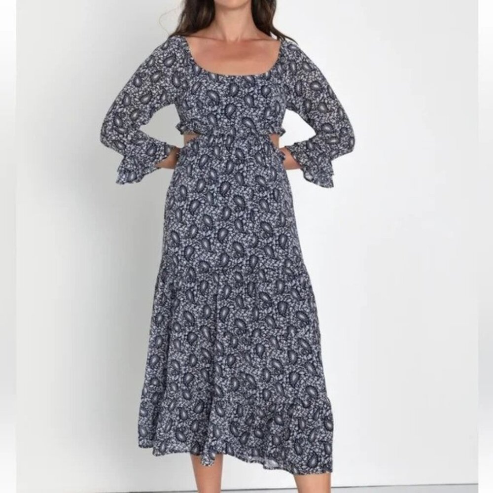 New Lulus Blissful Sweetie Paisley Tiered Long Sleeve Dress P2774